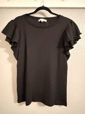 LOFT Black Ribbed Knit Top with Layered Ruffle Sleeves